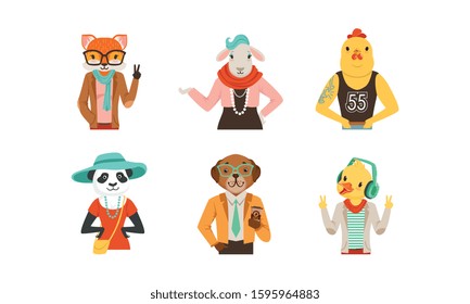 People with Animal Heads Vector Set. Mammal Characters Wearing Trendy Clothes