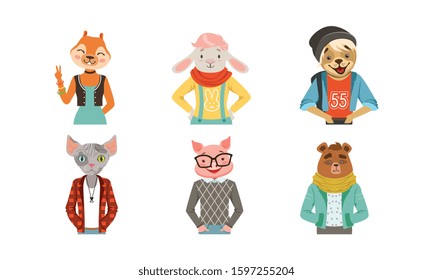 People with Animal Heads Vector Set. Mammal Characters Wearing Trendy Clothes