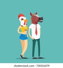 People at animal masks. Vector illustration.