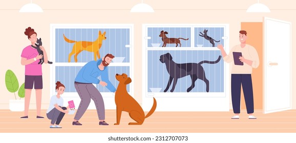 Personas en refugio de animales. Adopción de mascotas familiares en la libra de perros, rescate voluntario de perros callejeros de la jaula de perrera, niños jugando cachorro adoptan cuidado animal, espléndida ilustración vectorial de adopción