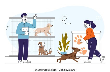 People in animal shelter. Man and woman near cages with dogs. Volunteers and activists. Generosity and kindness. People care about pets and domestic animals. Linear vector illustration