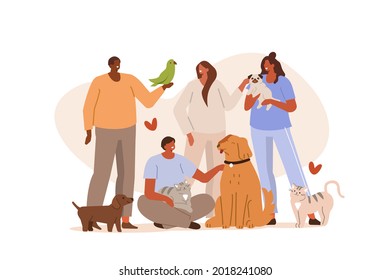 People in animal shelter playing, relaxing and spending time with pets. Characters take care of dogs, cats and bird. Pet sitters and animal lovers Concept.  Flat cartoon vector Illustration.