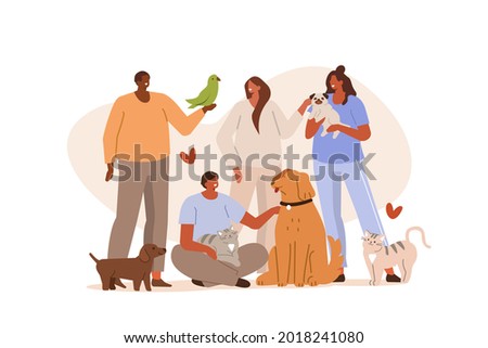 People in animal shelter playing, relaxing and spending time with pets. Characters take care of dogs, cats and bird. Pet sitters and animal lovers Concept.  Flat cartoon vector Illustration.