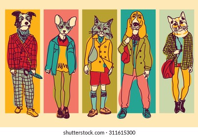 People with animals heads full height figures. Several people figures with pets faces. Color vector illustration. EPS8