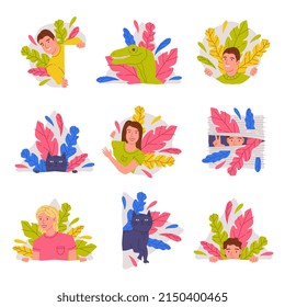 People and Animals Peeking Out of Window and Corner with Colorful Foliage Vector Set
