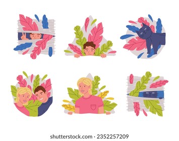 People and Animals Peeking Out of Window and Corner with Colorful Foliage Vector Set