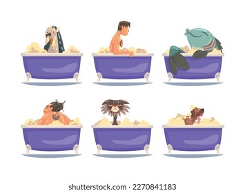 People and animals taking bath. Funny male characters, penguin, set, fish, cat, dog relaxing in Foam bathtub cartoon vector illustration