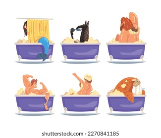 People and animals taking bath. Funny male and female characters, horse and sea lion relaxing in foam bathtub cartoon vector illustration