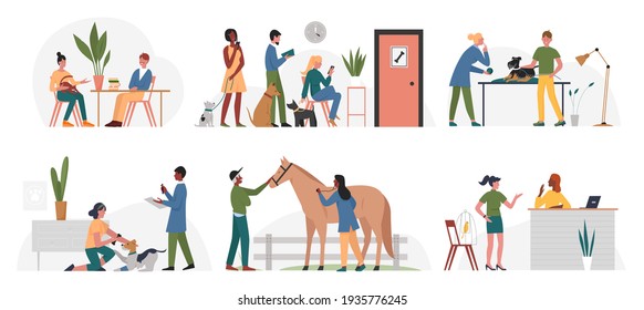 People with animals in veterinary office clinic vector illustration set. Cartoon man woman pet owner characters and domestic dog horse bird visit veterinarian doctor for pet care isolated on white