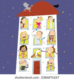 People and animals at the windows of the building celebrating the new year. Neighbors. Vector Illustration.