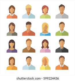 People, anonymous user icon set flat.  Men and women, blonde and brunette, redhead