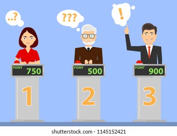 People answer quiz questions and click on the red button. People are thinking about the quiz question and are standing in their places. Flat design, vector illustration, vector.