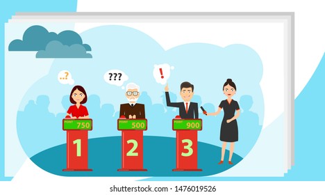 People answer quiz questions and click on the red button. People are thinking about the quiz question and are standing in their places. Conundrum game competition vector concept.Flat design.