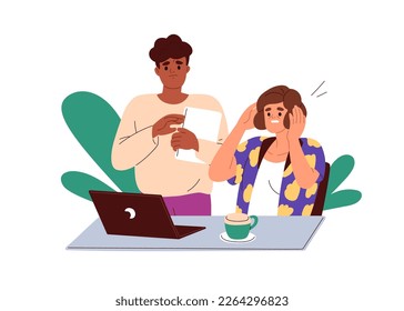 People in anxiety, stress, looking at laptop computer, bad news, negative business information. Work problem, failure, trouble concept. Flat graphic vector illustration isolated on white background