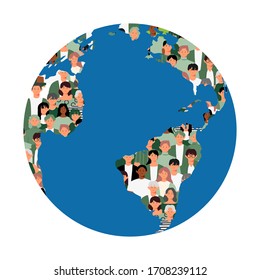 People anywhere on green planet earth illustration. World environment day flat vector. Earth day Design. Hand drawn wallpaper mother earth day. Ecology concept group of people taking care the Planet.