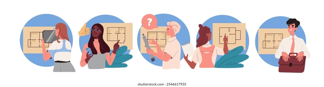 People with apartment plan set. Men and women looking at building construction plan. Architecture and engineering. Team of engineers. Flat vector collection isolated on white background