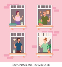 personas en los ventanales de los apartamentos