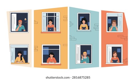 People in apartment windows communicating and working from home during challenging times of isolation and connection