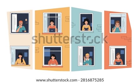 People in apartment windows communicating and working from home during challenging times of isolation and connection