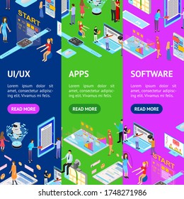 El concepto de interfaces de usuario y aplicación Banner Vecrtical Set 3d Isometric View Include de móvil, computadora y laptop. Ilustración vectorial de la interfaz de aplicación
