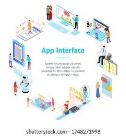 People and App Interfaces Concept Banner Card Circle 3d Isometric View Include of Mobile, Computer and Laptop. Vector illustration of Application Interface