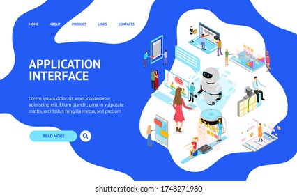 People and App Interfaces Concept Landing Web Page 3d Isometric View Include of Mobile, Computer and Laptop. Vector illustration of Application Interface