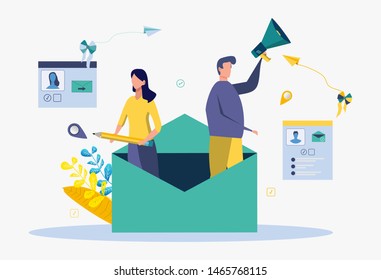 People appear from the mail. Workflow, New Email, Email Notification. Social network, communication, reading letters, new incoming message, spam. Vector illustration background. Flat cartoon character