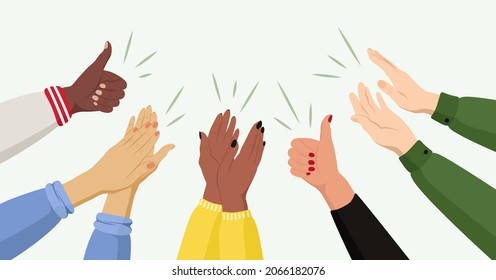 People applaud. Human hands clapping ovation. Hand thumbs up. Business team cheering and ovation vector concept.