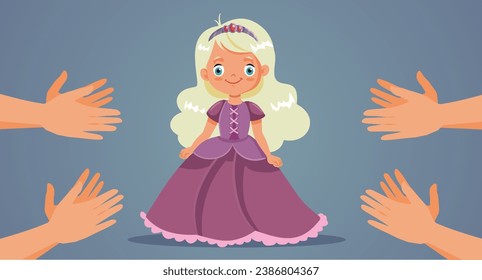 
People Applauding Little Princess wedding Ball Gown Vector Cartoon Illustration. Beautiful girl showing off her fashionable dress receiving praises 
