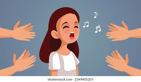 
People Applauding Talented Singer for Her performance Vector Cartoon. Teen artist being praised for her beautiful voice and talent 
