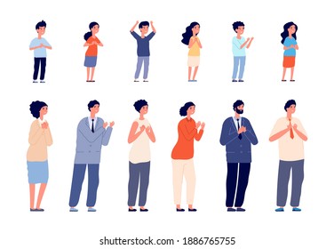 People applauding. Woman clapping, thankful business man and kids. Smiling persons support together with applause utter vector characters