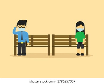 People apply social distancing in public illustration. Avoid the coronavirus. Social distance when sit.