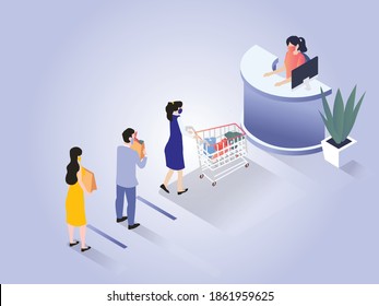 People applying physical distancing and wearing face mask as a new way of life isometric vector 3D flat design