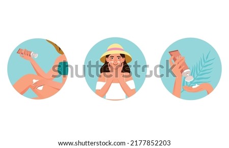 People applying sunscreen, face skin care routine, cartoon style character, trendy modern flat vector illustration.