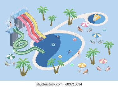 People in aqua park, relax at the pool. Swimming pool and water slides. Beach umbrellas, palm trees and tables with sun loungers. Vector isometric illustration.