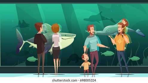 People in aquarium design composition with adults and children looking at floating fishes flat vector illustration 