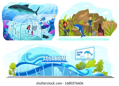 People in aquarium, dolphin show entertainment, vector illustration. Happy family leisure, mother and daughter in ocean aquarium. Dolphinarium performance, underwater zoo. Sea creatures, animal show