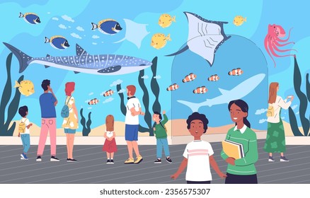 People in aquarium. Family visit oceanarium, children looking variety underwater sea fish, kid watch shark behind glass, marine animal zoo museum classy vector illustration of aquarium oceanarium