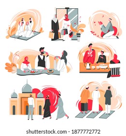 People from arab countries daily life and routine. Praying in mosque, shopping with friends. Tradition of spending time with family eating dinner and communicating by table. Vector in flat style