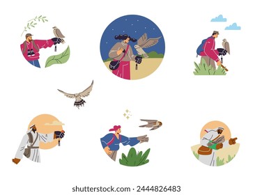 People, Arab falconers with hawking glove and falcon in the forest or desert nature. Cartoon vector Falconry vector illustrations set. Falcon training with professional equipment, bird hunting