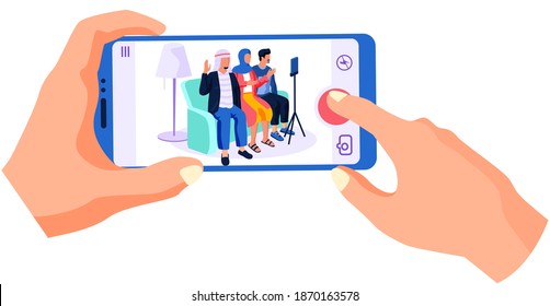 People of arab nationality give interviews on camera. Woman with phone in hands is recording a video massage from this people and smiling. Man and woman are broadcasting online with using a phone