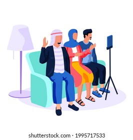 People of arab nationality give an interviews. Recording video massage on smartphone camera. Men and woman are broadcasting in recording studio. Foreigners record podcast, live broadcast on phone