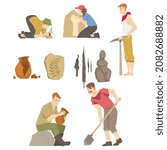 People Archaeologist Working on Excavations in Search of Archaeological Remains Vector Set