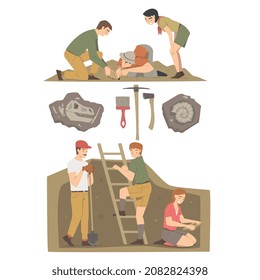 People Archaeologist Working on Excavations in Search of Archaeological Remains Vector Set