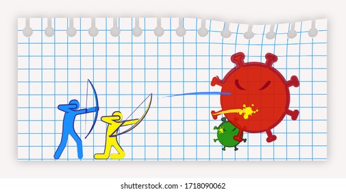 People archers shoot viruses and bacteria with colorful arrows. Fighting the disease, preventing infection. Funny illustration, imitation of ink drawing on a squared notebook sheet
