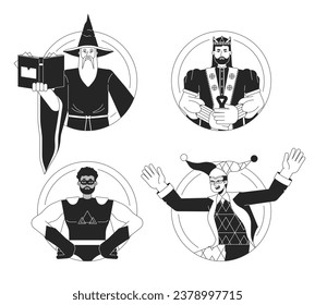 People archetypes flat line black white vector characters set. Wizard, king, superhero. Editable outline half body person. Simple cartoon isolated spot illustrations collection for web graphic design