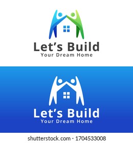 People Architecture Logo, Real Estate Bulder Logo, People Team Building Your Home Logo Design Vector Template