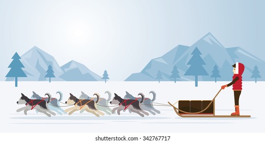 People with Arctic Dogs Sledding, Panorama Background, Winter, Nature Travel and Adventure