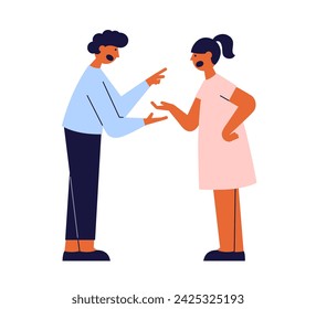 People argue pointing at each other. Arguing family, screaming parents. Man and woman loud quarrel. Couple problem, relationship crisis, divorce. Boyfriend and girlfriend conflict vector illustration