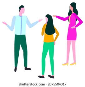 Personas discutiendo cómo escribir un plan de negocios. Vectora vestida de rosa, mujer con jeans azules y falda amarilla y hombre trabajador de oficina aislado corredores o adultos